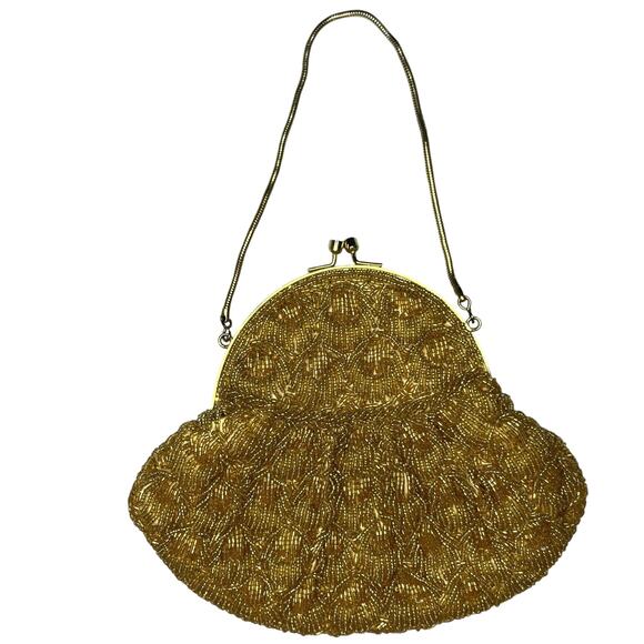 Antique Beaded Gold Tone Mini Evening Bag Clasp Closure Chain Strap Glam Regency - Picture 2 of 6